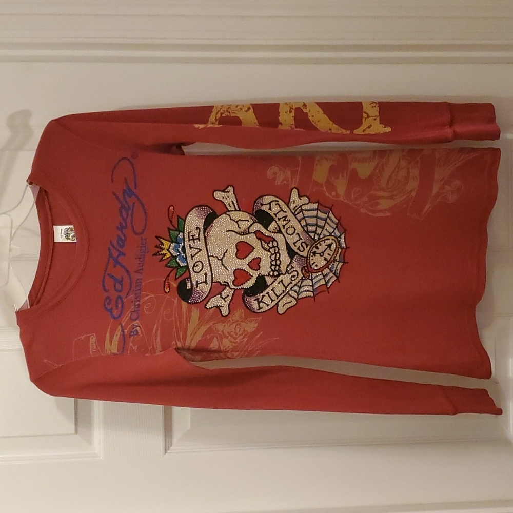 EUC Vintage Ed Hardy Women's Small Love Kills Slowly Long Sleeve Waffle Shirt